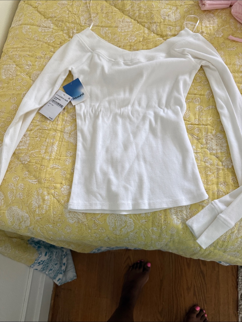 Nordstrom White Off-the-Shoulder Ribbed Long Sleeve Crop Top